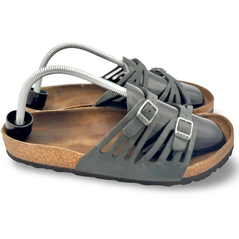 Birkenstock Womens Granada Sandals 42 Gray Black Leather Buckle Slide Cutout